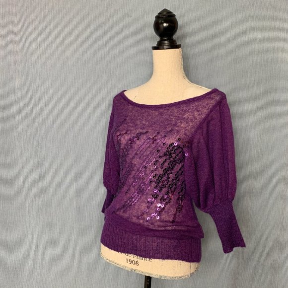 Purple BEBE Knit Top / Purple Sequin Blouse / Vintage Bebe / Early 2000's Top / - Picture 5 of 8